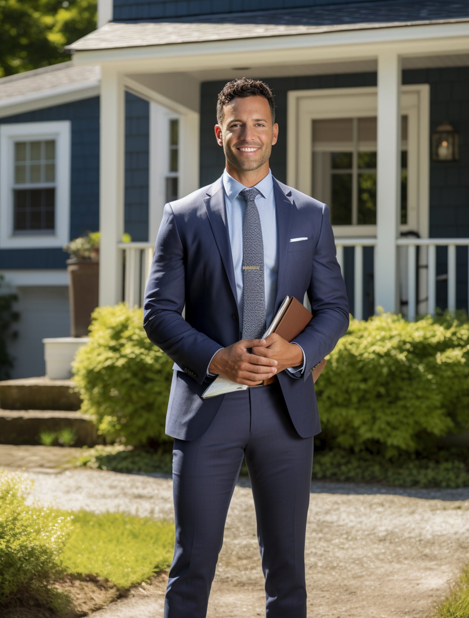 Agente inmobiliario de pie frente a casa